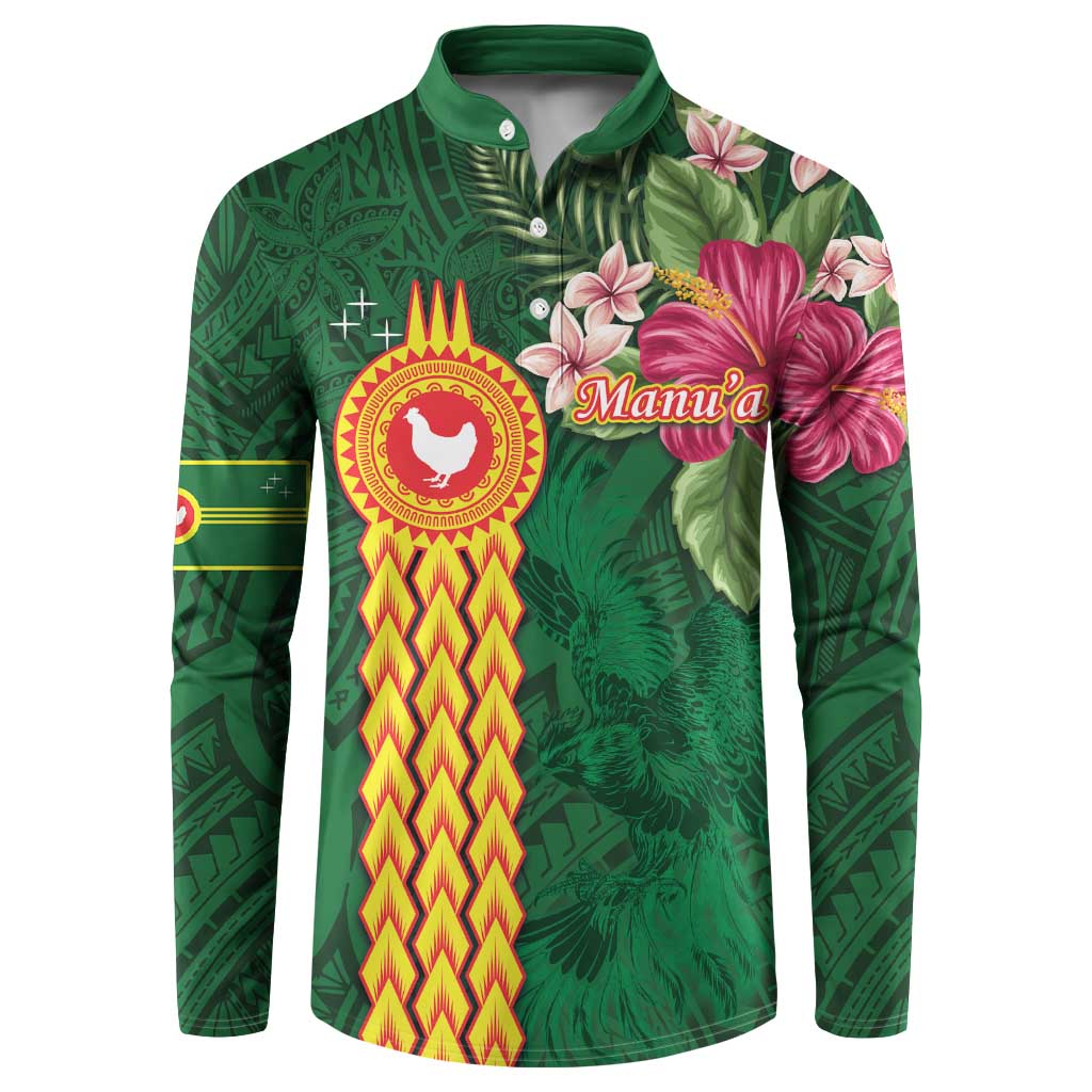 Personalised Manuʻa Islands Button Sweatshirt Polynesian Style with Rooster Tattoo and Tropical Plants LT03 Green - Polynesian Pride