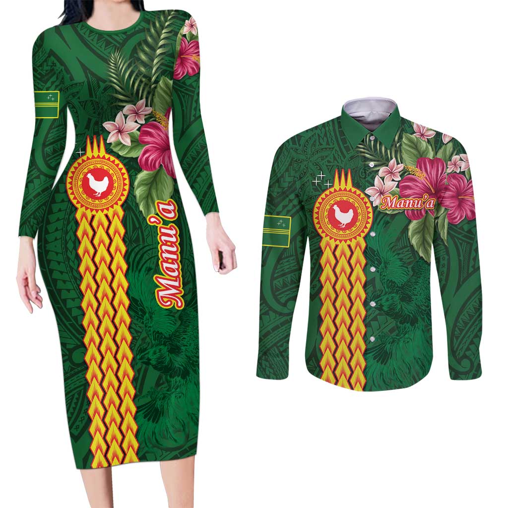 Personalised Manuʻa Islands Couples Matching Long Sleeve Bodycon Dress and Long Sleeve Button Shirt Polynesian Style with Rooster Tattoo and Tropical Plants LT03 Green - Polynesian Pride