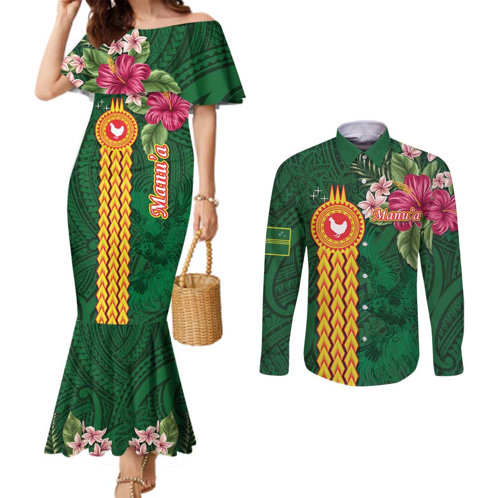 Personalised Manuʻa Islands Couples Matching Mermaid Dress and Long Sleeve Button Shirt Polynesian Style with Rooster Tattoo and Tropical Plants LT03 Green - Polynesian Pride