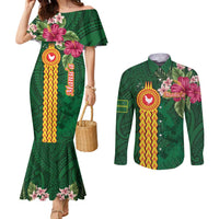 Personalised Manuʻa Islands Couples Matching Mermaid Dress and Long Sleeve Button Shirt Polynesian Style with Rooster Tattoo and Tropical Plants LT03 Green - Polynesian Pride