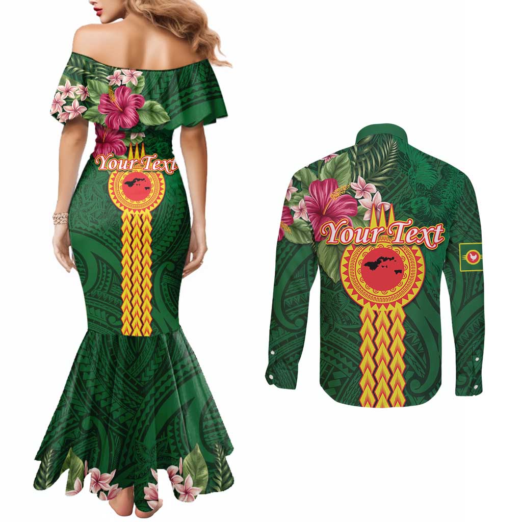 Personalised Manuʻa Islands Couples Matching Mermaid Dress and Long Sleeve Button Shirt Polynesian Style with Rooster Tattoo and Tropical Plants LT03 - Polynesian Pride