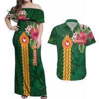 Manuʻa Islands Couples Matching Off Shoulder Maxi Dress and Hawaiian Shirt Polynesian Style with Rooster Tattoo and Tropical Plants