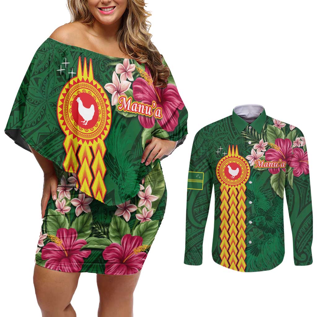 Personalised Manuʻa Islands Couples Matching Off Shoulder Short Dress and Long Sleeve Button Shirt Polynesian Style with Rooster Tattoo and Tropical Plants LT03 Green - Polynesian Pride