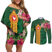 Personalised Manuʻa Islands Couples Matching Off Shoulder Short Dress and Long Sleeve Button Shirt Polynesian Style with Rooster Tattoo and Tropical Plants LT03 Green - Polynesian Pride
