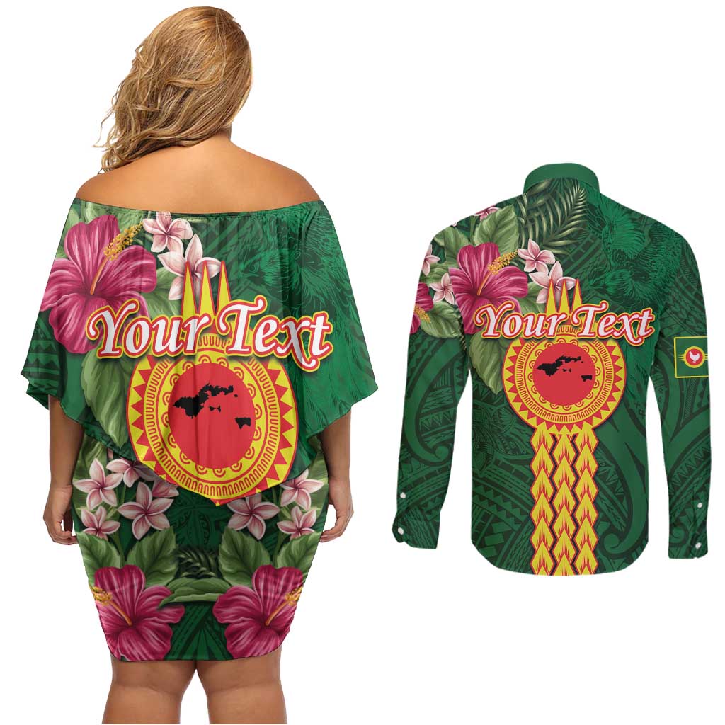 Personalised Manuʻa Islands Couples Matching Off Shoulder Short Dress and Long Sleeve Button Shirt Polynesian Style with Rooster Tattoo and Tropical Plants LT03 - Polynesian Pride