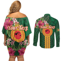 Personalised Manuʻa Islands Couples Matching Off Shoulder Short Dress and Long Sleeve Button Shirt Polynesian Style with Rooster Tattoo and Tropical Plants LT03 - Polynesian Pride