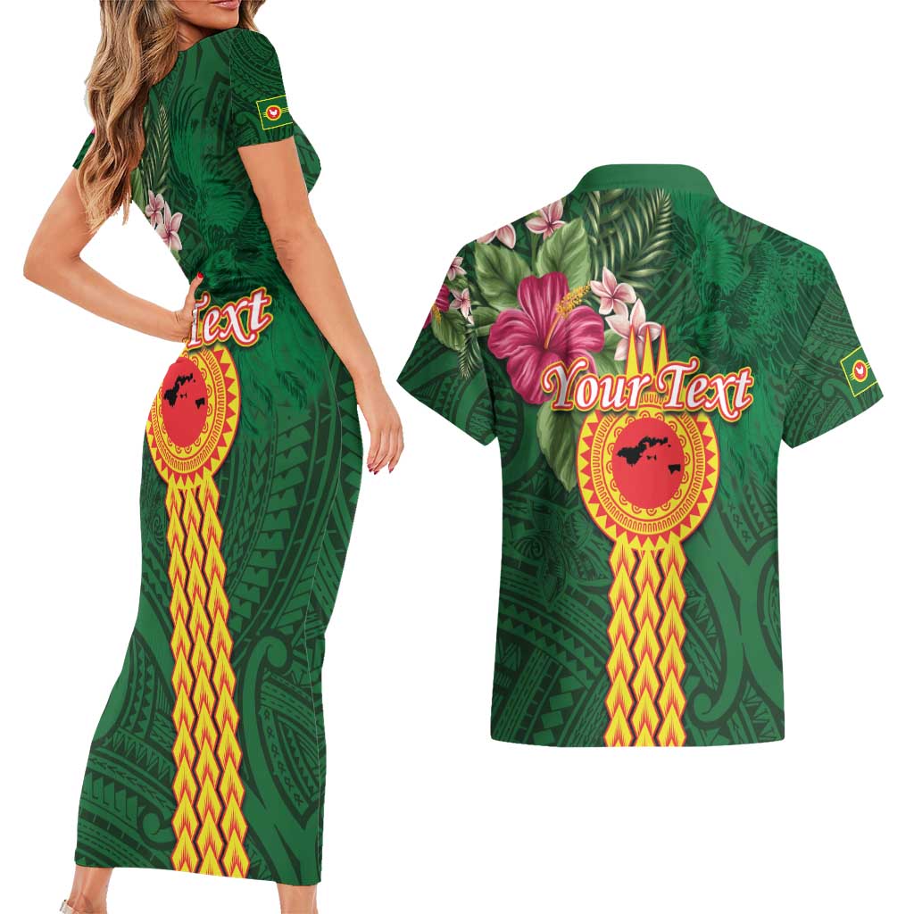 Manuʻa Islands Couples Matching Short Sleeve Bodycon Dress and Hawaiian Shirt Polynesian Style with Rooster Tattoo and Tropical Plants