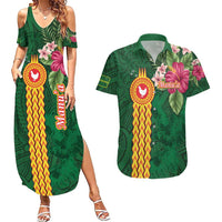 Manuʻa Islands Couples Matching Summer Maxi Dress and Hawaiian Shirt Polynesian Style with Rooster Tattoo and Tropical Plants