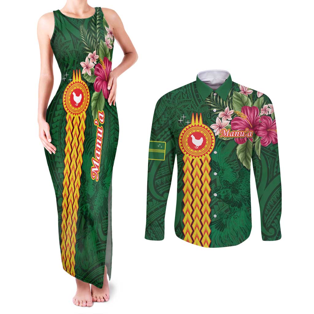 Personalised Manuʻa Islands Couples Matching Tank Maxi Dress and Long Sleeve Button Shirt Polynesian Style with Rooster Tattoo and Tropical Plants LT03 Green - Polynesian Pride