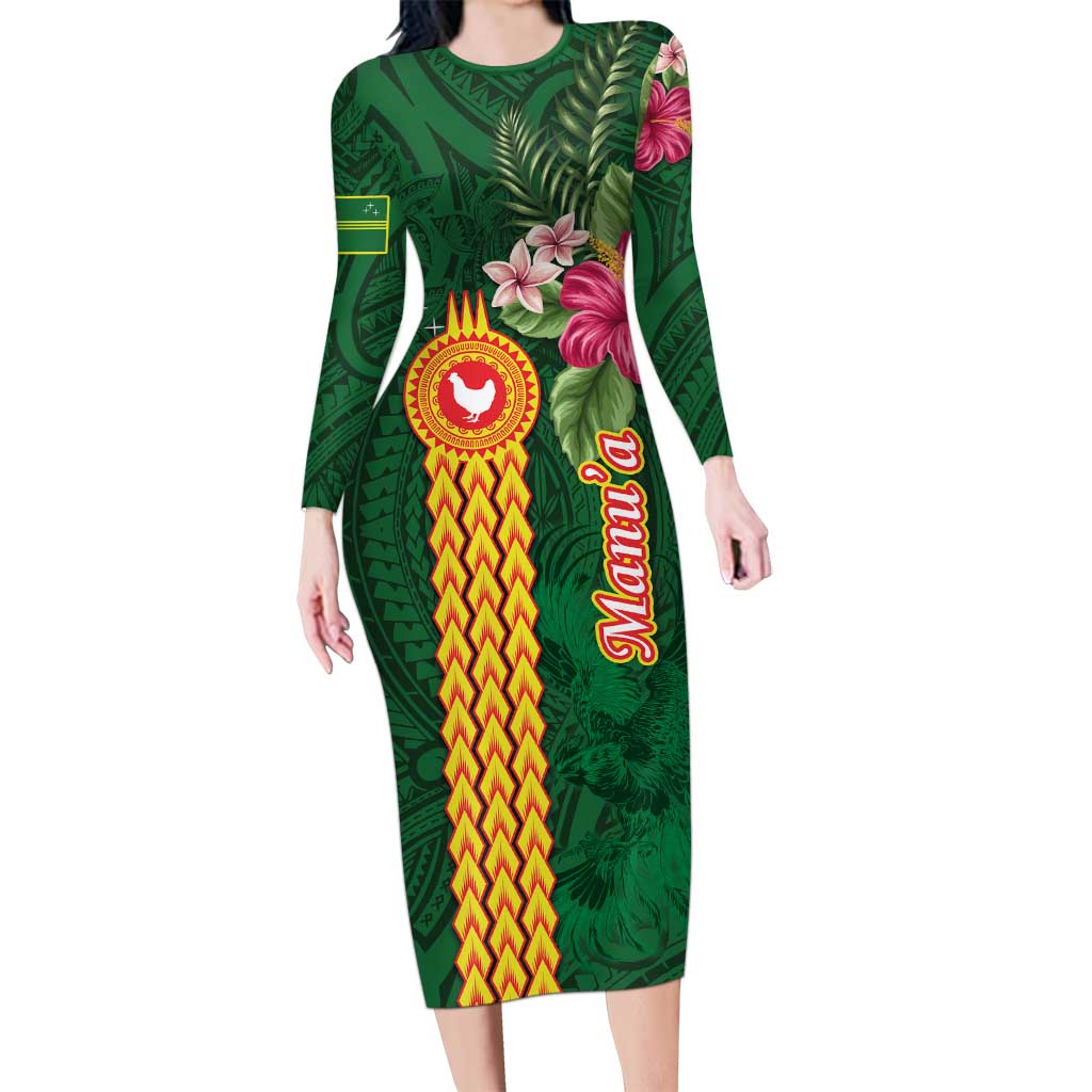 Manuʻa Islands Family Matching Long Sleeve Bodycon Dress and Hawaiian Shirt Polynesian Style with Rooster Tattoo and Tropical Plants