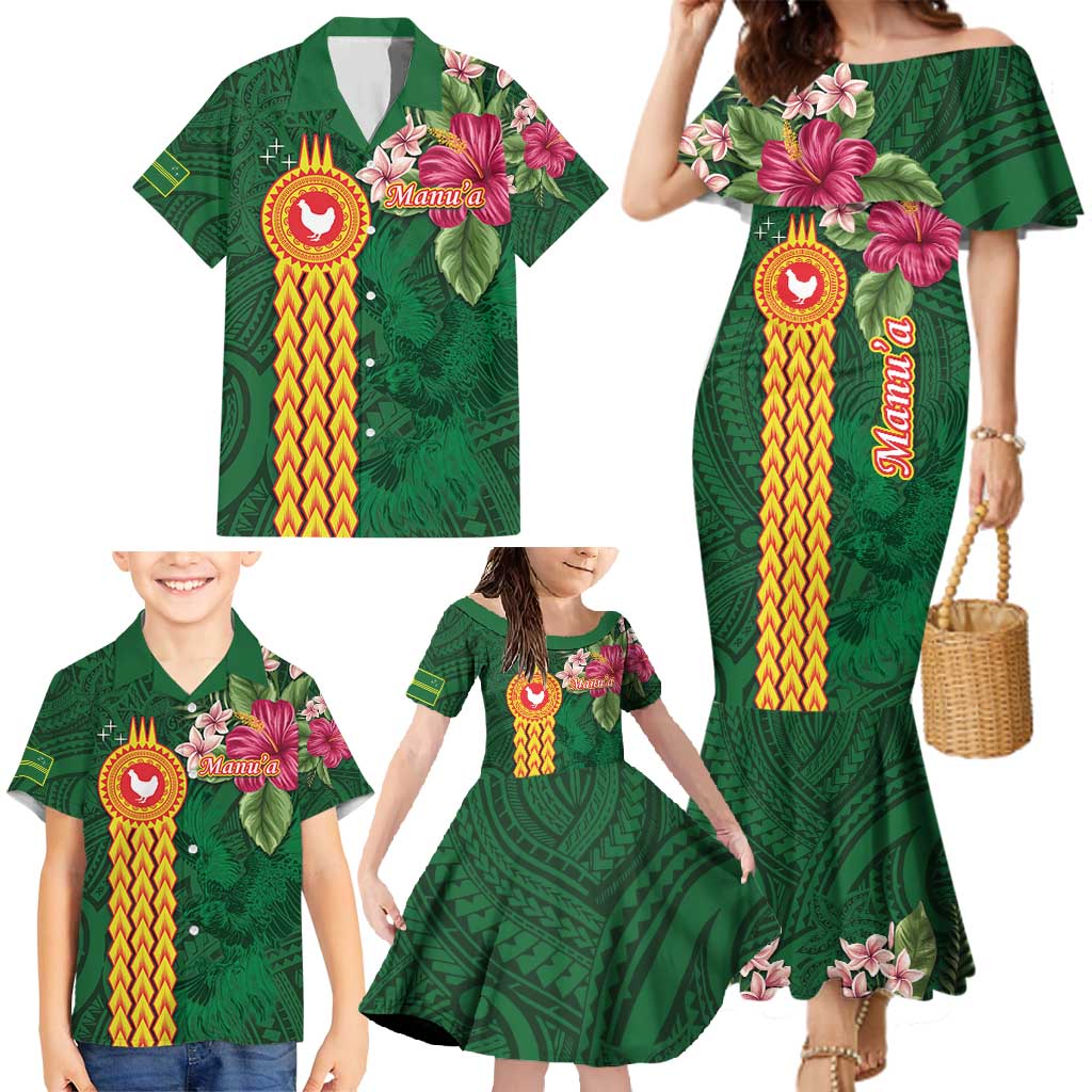 Manuʻa Islands Family Matching Mermaid Dress and Hawaiian Shirt Polynesian Style with Rooster Tattoo and Tropical Plants