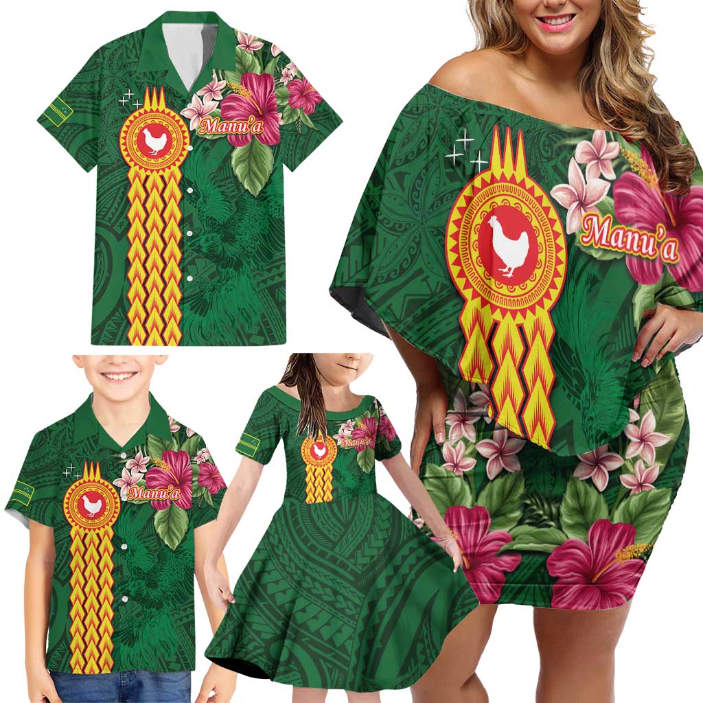 Manuʻa Islands Family Matching Off Shoulder Short Dress and Hawaiian Shirt Polynesian Style with Rooster Tattoo and Tropical Plants