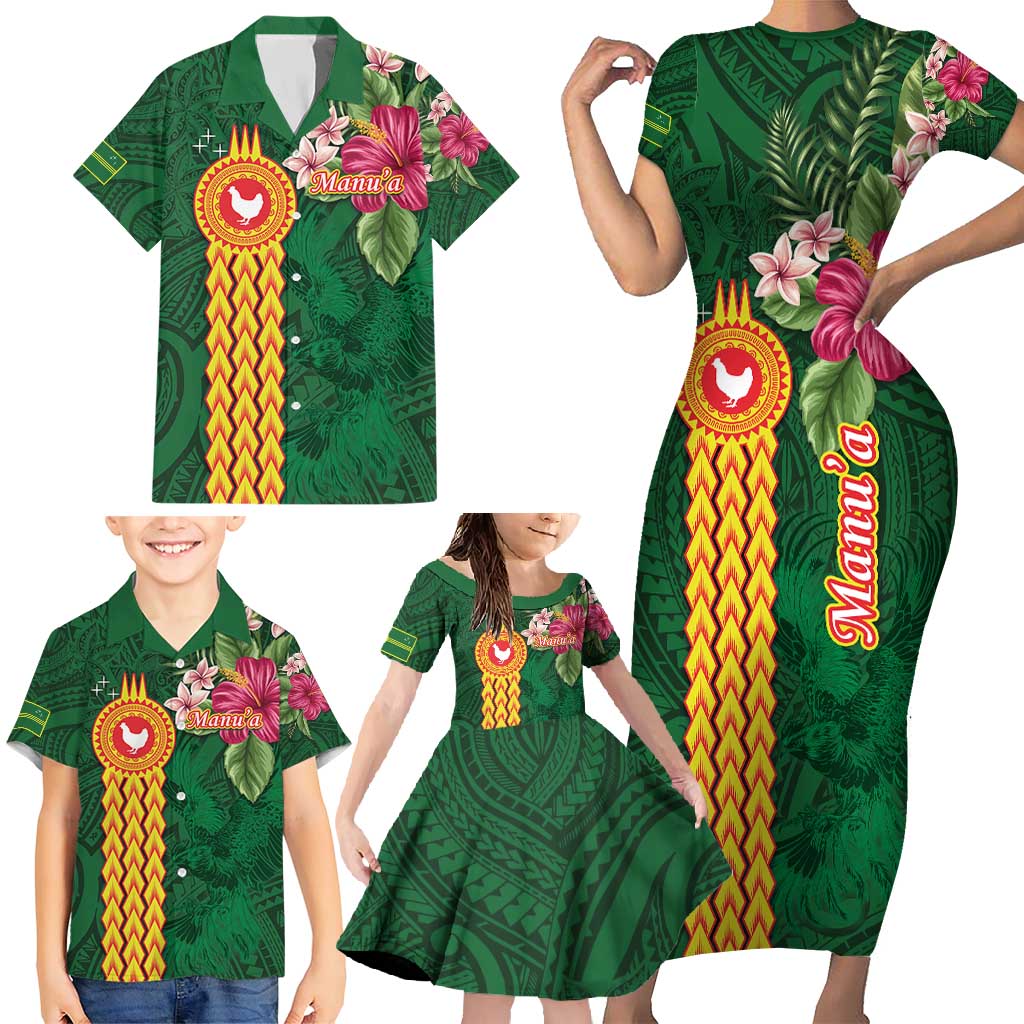 Manuʻa Islands Family Matching Short Sleeve Bodycon Dress and Hawaiian Shirt Polynesian Style with Rooster Tattoo and Tropical Plants
