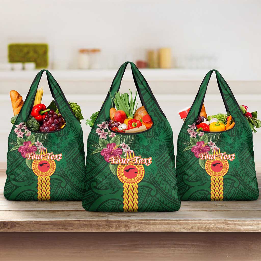 Personalised Manuʻa Islands Grocery Bag Polynesian Style with Rooster Tattoo and Tropical Plants LT03 3-pack One Size Green - Polynesian Pride