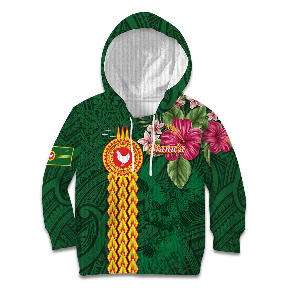 Manuʻa Islands Kid Hoodie Polynesian Style with Rooster Tattoo and Tropical Plants