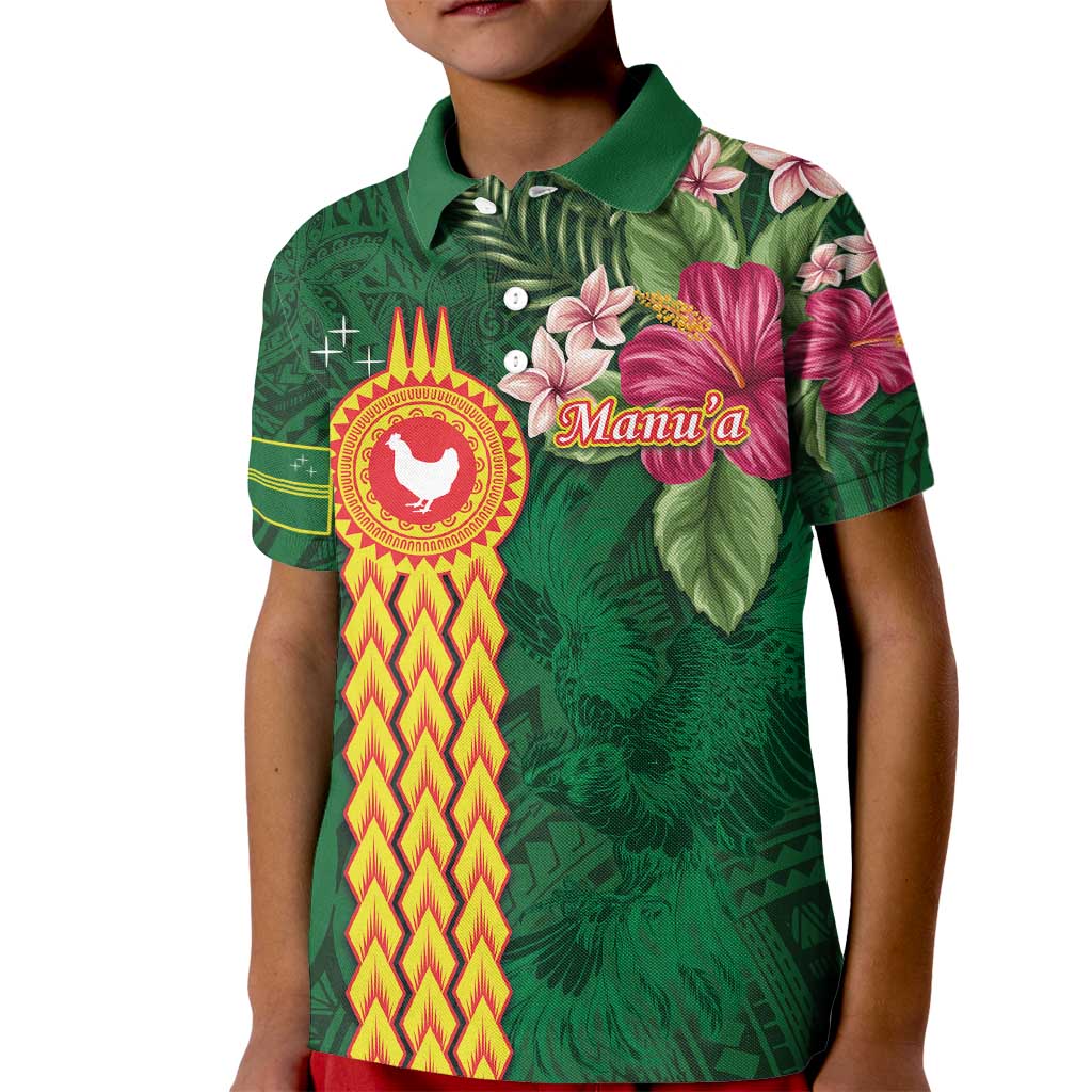 Personalised Manuʻa Islands Kid Polo Shirt Polynesian Style with Rooster Tattoo and Tropical Plants LT03 Kid Green - Polynesian Pride
