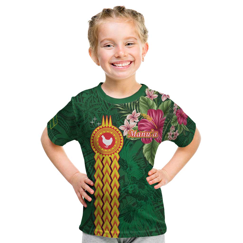Personalised Manuʻa Islands Kid T Shirt Polynesian Style with Rooster Tattoo and Tropical Plants LT03 Green - Polynesian Pride