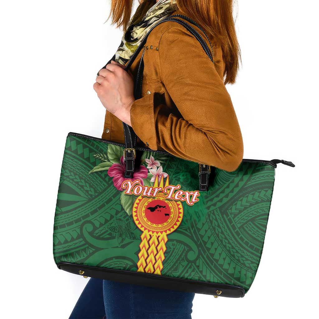 Personalised Manuʻa Islands Leather Tote Bag Polynesian Style with Rooster Tattoo and Tropical Plants LT03 Green - Polynesian Pride