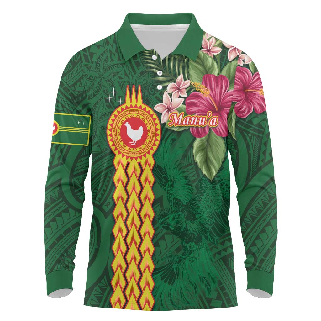 Personalised Manuʻa Islands Long Sleeve Polo Shirt Polynesian Style with Rooster Tattoo and Tropical Plants LT03 Green - Polynesian Pride