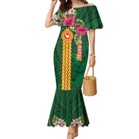 Manuʻa Islands Mermaid Dress Polynesian Style with Rooster Tattoo and Tropical Plants
