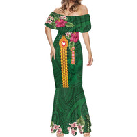 Manuʻa Islands Mermaid Dress Polynesian Style with Rooster Tattoo and Tropical Plants