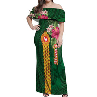 Manuʻa Islands Off Shoulder Maxi Dress Polynesian Style with Rooster Tattoo and Tropical Plants