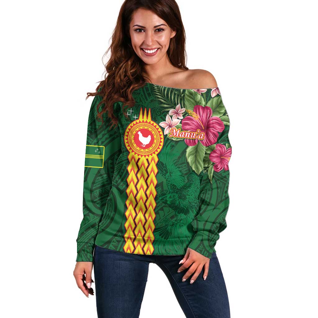 Manuʻa Islands Off Shoulder Sweater Polynesian Style with Rooster Tattoo and Tropical Plants