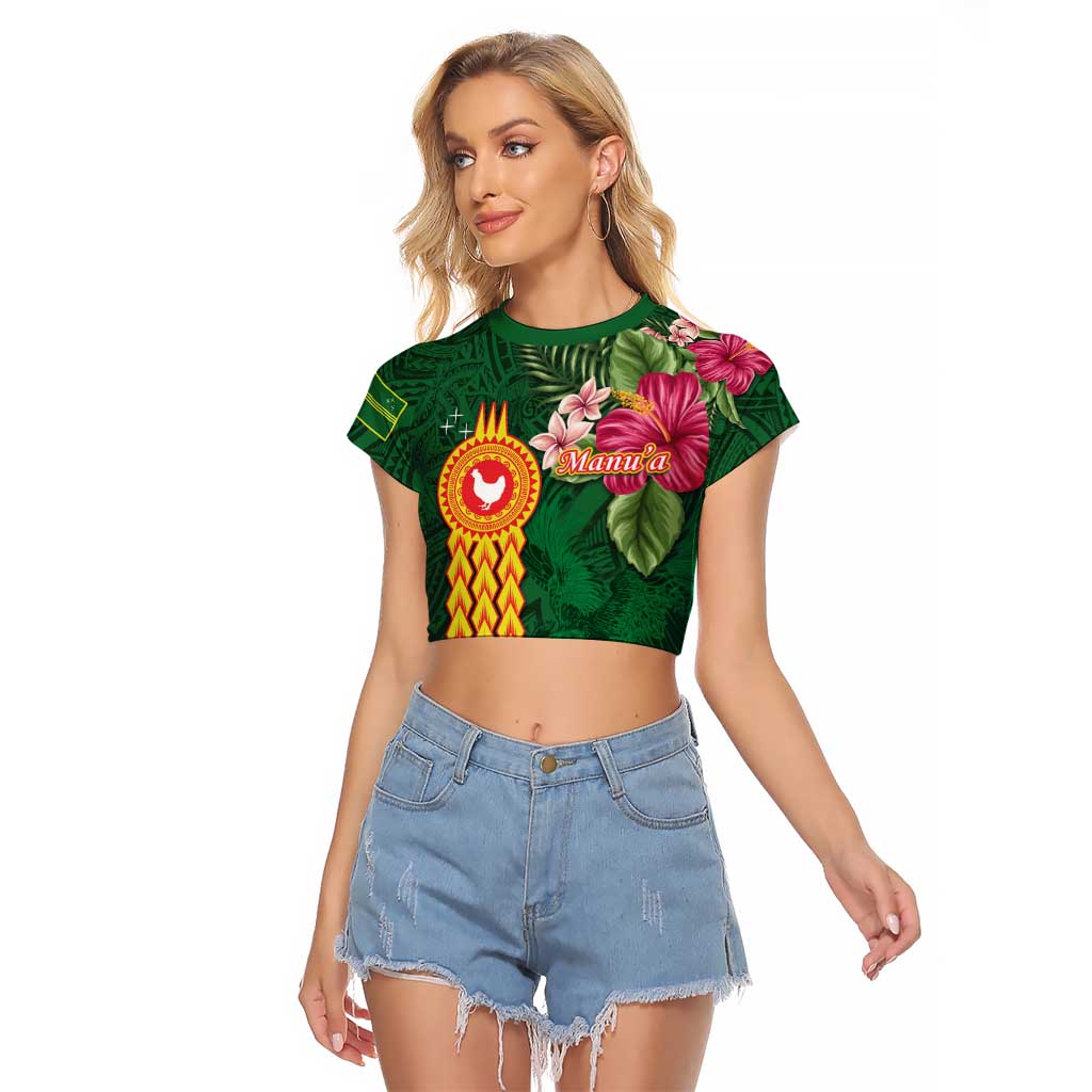Personalised Manuʻa Islands Raglan Cropped T Shirt Polynesian Style with Rooster Tattoo and Tropical Plants LT03 Female Green - Polynesian Pride