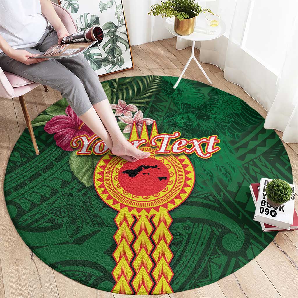 Manuʻa Islands Round Carpet Polynesian Style with Rooster Tattoo and Tropical Plants