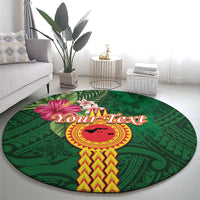 Manuʻa Islands Round Carpet Polynesian Style with Rooster Tattoo and Tropical Plants