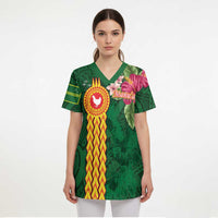 Manuʻa Islands Scrub Top Polynesian Style with Rooster Tattoo and Tropical Plants - Polynesian Pride