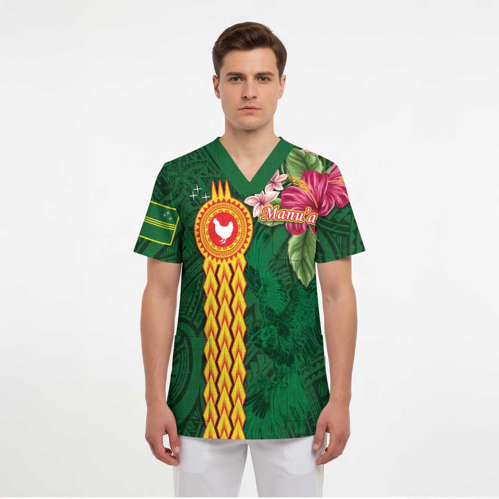 Manuʻa Islands Scrub Top Polynesian Style with Rooster Tattoo and Tropical Plants - Polynesian Pride