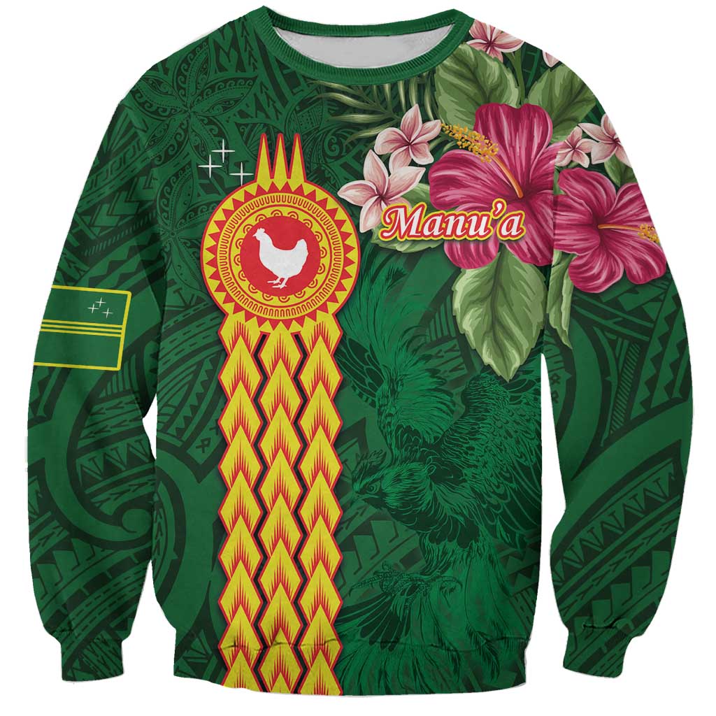 Personalised Manuʻa Islands Sweatshirt Polynesian Style with Rooster Tattoo and Tropical Plants LT03 Unisex Green - Polynesian Pride