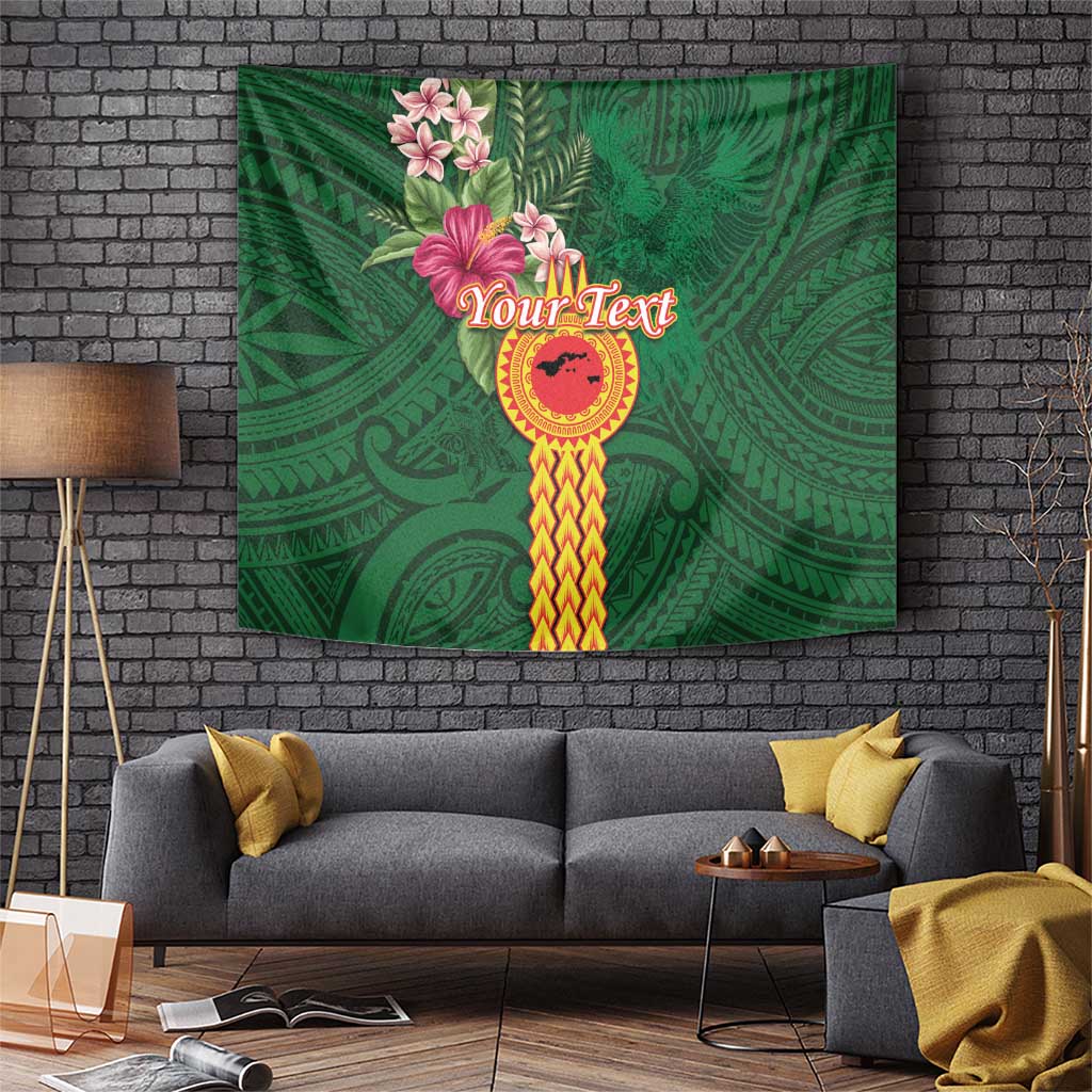 Manuʻa Islands Tapestry Polynesian Style with Rooster Tattoo and Tropical Plants