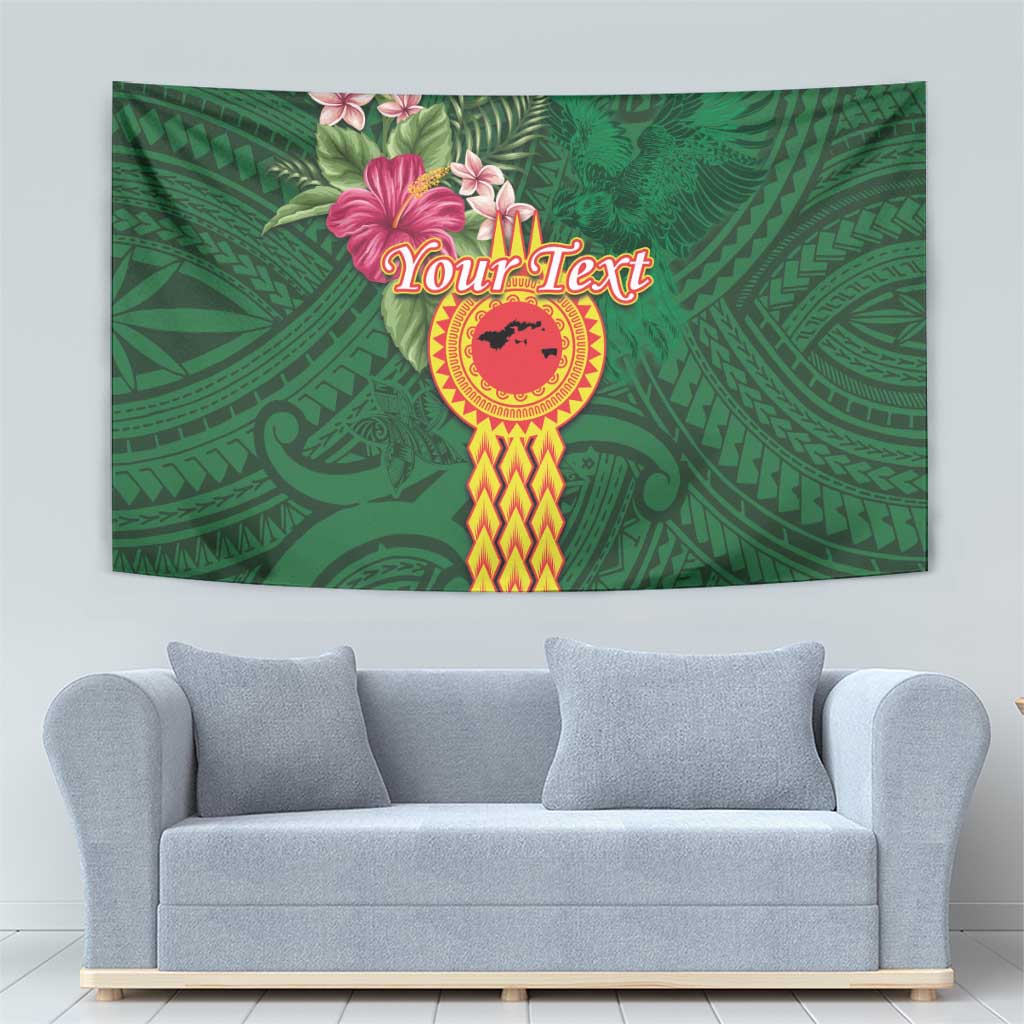 Manuʻa Islands Tapestry Polynesian Style with Rooster Tattoo and Tropical Plants