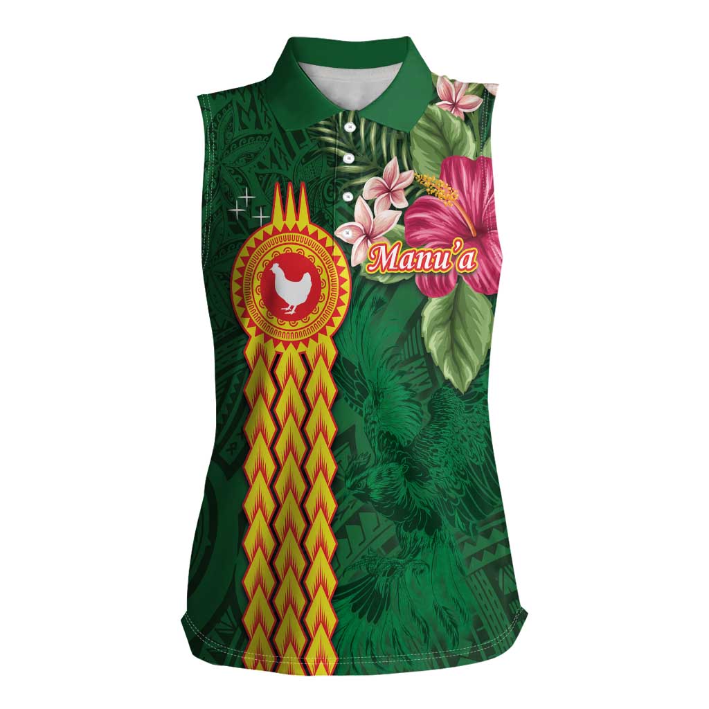 Personalised Manuʻa Islands Women Sleeveless Polo Shirt Polynesian Style with Rooster Tattoo and Tropical Plants LT03 Female Green - Polynesian Pride
