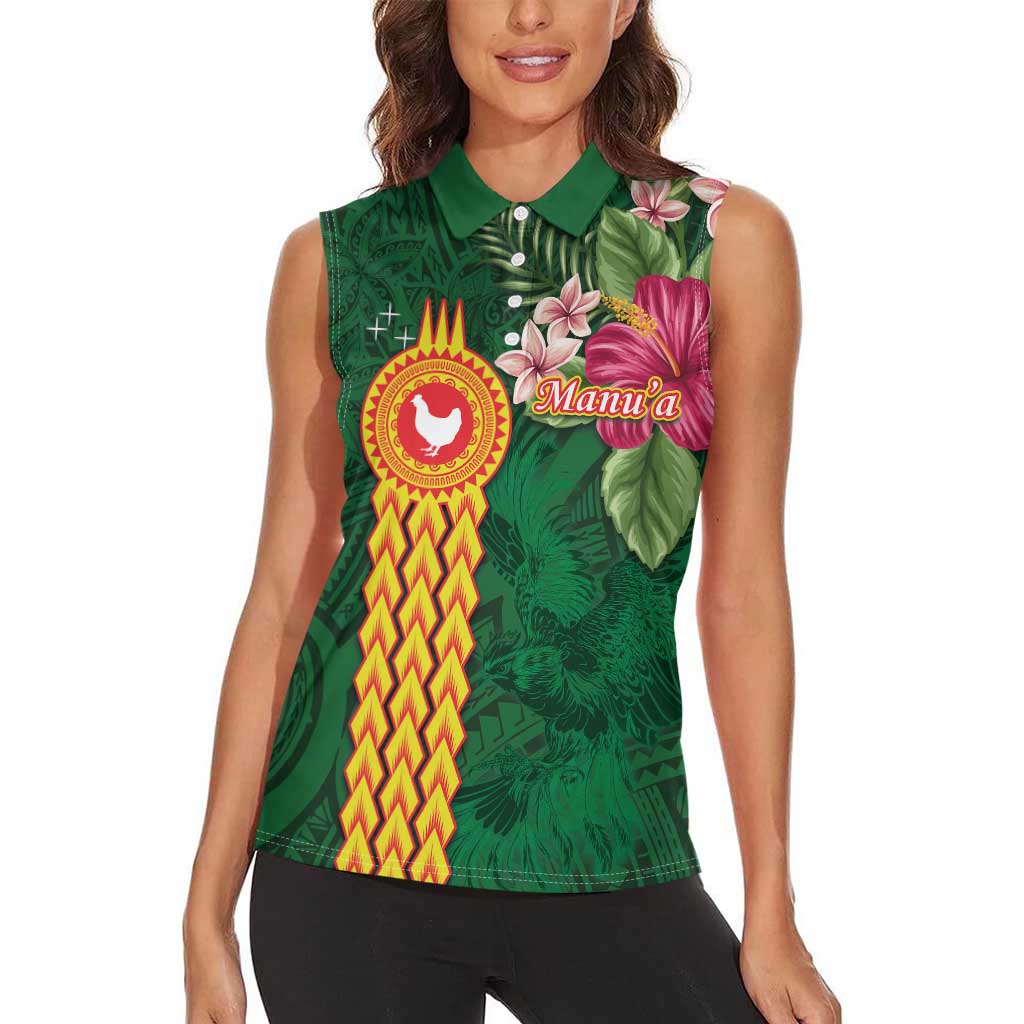 Personalised Manuʻa Islands Women Sleeveless Polo Shirt Polynesian Style with Rooster Tattoo and Tropical Plants LT03 - Polynesian Pride