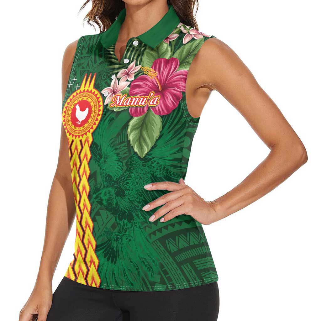 Personalised Manuʻa Islands Women Sleeveless Polo Shirt Polynesian Style with Rooster Tattoo and Tropical Plants LT03 - Polynesian Pride