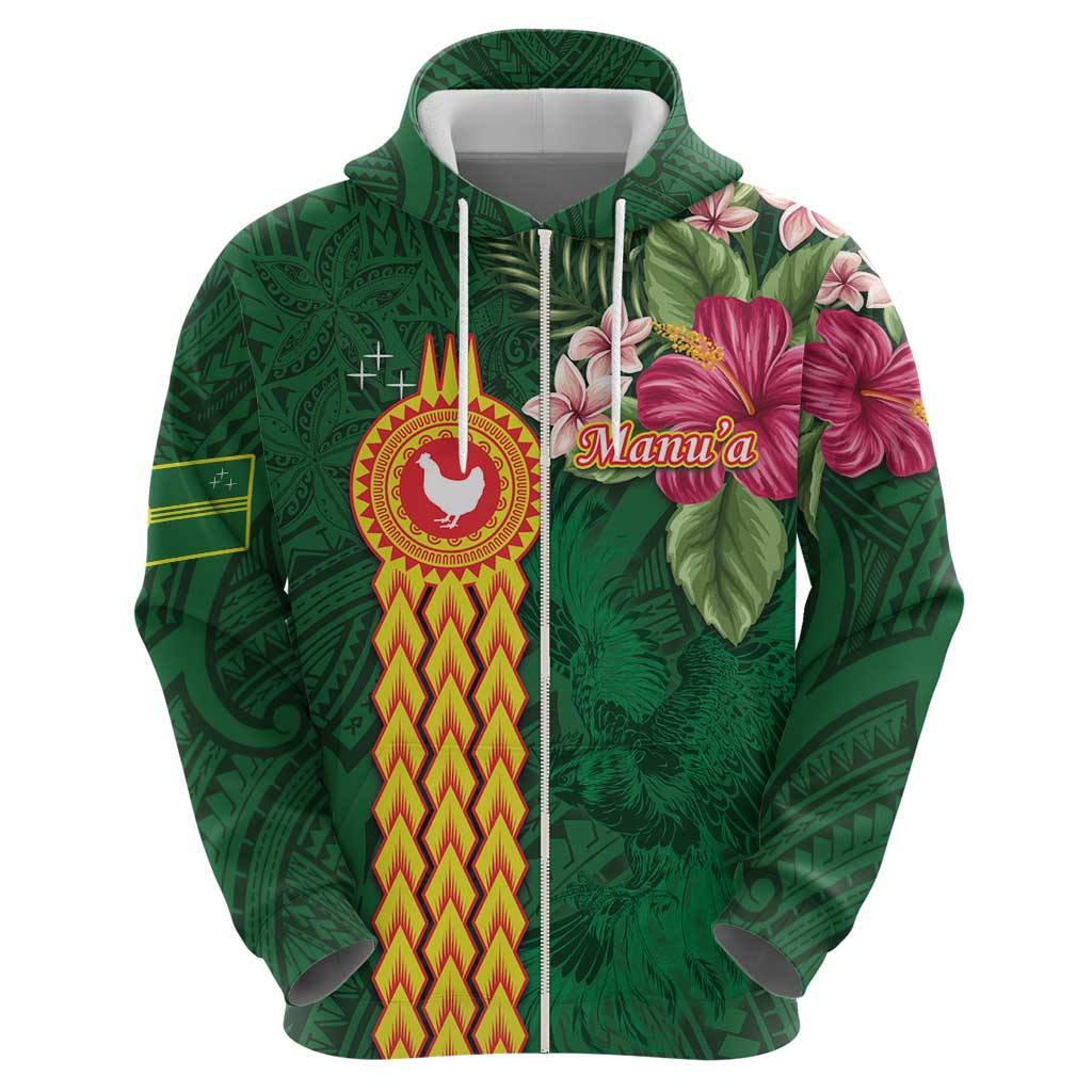 Manuʻa Islands Zip Hoodie Polynesian Style with Rooster Tattoo and Tropical Plants