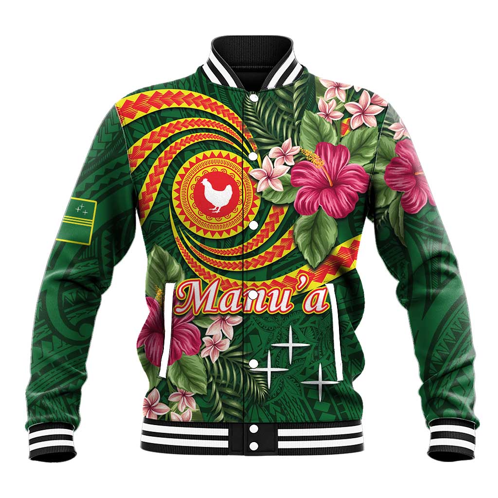 Personalised Manuʻa Islands Baseball Jacket Polynesian Art Tattoo Style and Tropical Plants LT03 Unisex Green - Polynesian Pride