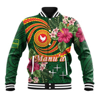 Personalised Manuʻa Islands Baseball Jacket Polynesian Art Tattoo Style and Tropical Plants LT03 Unisex Green - Polynesian Pride