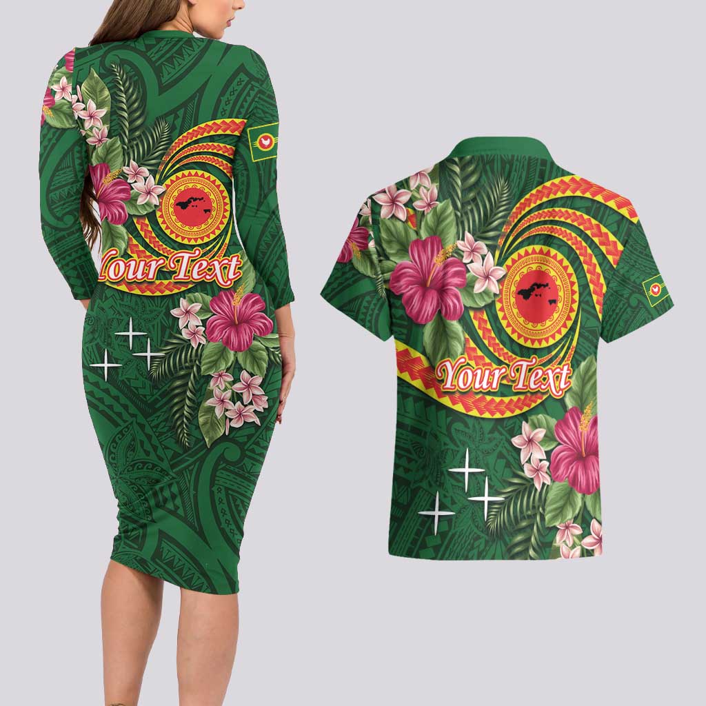 Manuʻa Islands Couples Matching Long Sleeve Bodycon Dress and Hawaiian Shirt Polynesian Art Tattoo Style and Tropical Plants