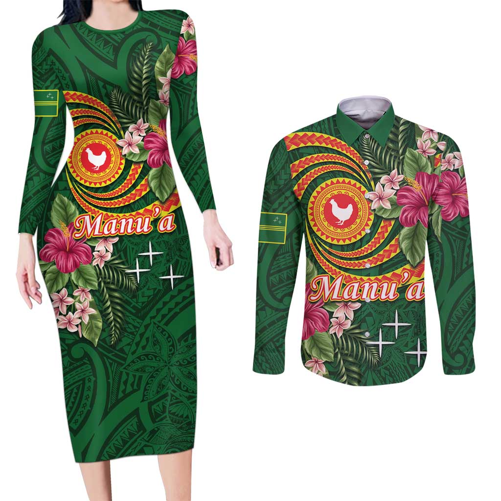 Personalised Manuʻa Islands Couples Matching Long Sleeve Bodycon Dress and Long Sleeve Button Shirt Polynesian Art Tattoo Style and Tropical Plants LT03 Green - Polynesian Pride