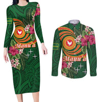 Personalised Manuʻa Islands Couples Matching Long Sleeve Bodycon Dress and Long Sleeve Button Shirt Polynesian Art Tattoo Style and Tropical Plants LT03 Green - Polynesian Pride