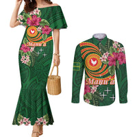 Personalised Manuʻa Islands Couples Matching Mermaid Dress and Long Sleeve Button Shirt Polynesian Art Tattoo Style and Tropical Plants LT03 Green - Polynesian Pride