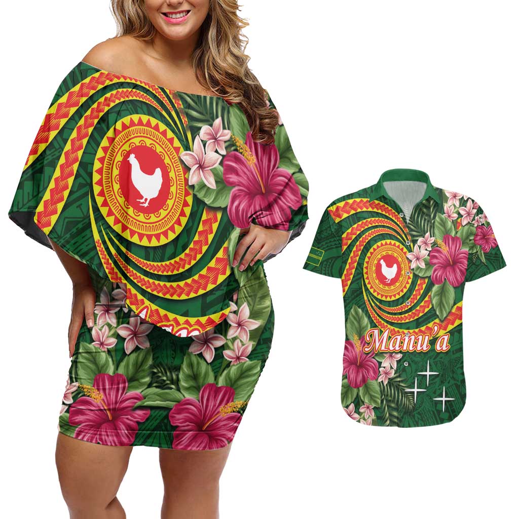 Manuʻa Islands Couples Matching Off Shoulder Short Dress and Hawaiian Shirt Polynesian Art Tattoo Style and Tropical Plants