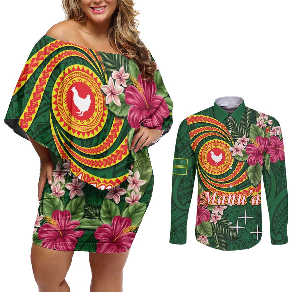 Personalised Manuʻa Islands Couples Matching Off Shoulder Short Dress and Long Sleeve Button Shirt Polynesian Art Tattoo Style and Tropical Plants LT03 Green - Polynesian Pride