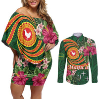 Personalised Manuʻa Islands Couples Matching Off Shoulder Short Dress and Long Sleeve Button Shirt Polynesian Art Tattoo Style and Tropical Plants LT03 Green - Polynesian Pride