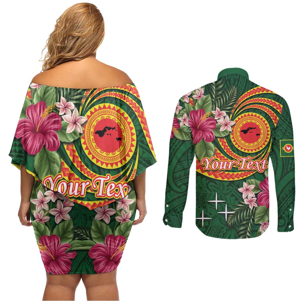 Personalised Manuʻa Islands Couples Matching Off Shoulder Short Dress and Long Sleeve Button Shirt Polynesian Art Tattoo Style and Tropical Plants LT03 - Polynesian Pride