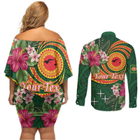 Personalised Manuʻa Islands Couples Matching Off Shoulder Short Dress and Long Sleeve Button Shirt Polynesian Art Tattoo Style and Tropical Plants LT03 - Polynesian Pride